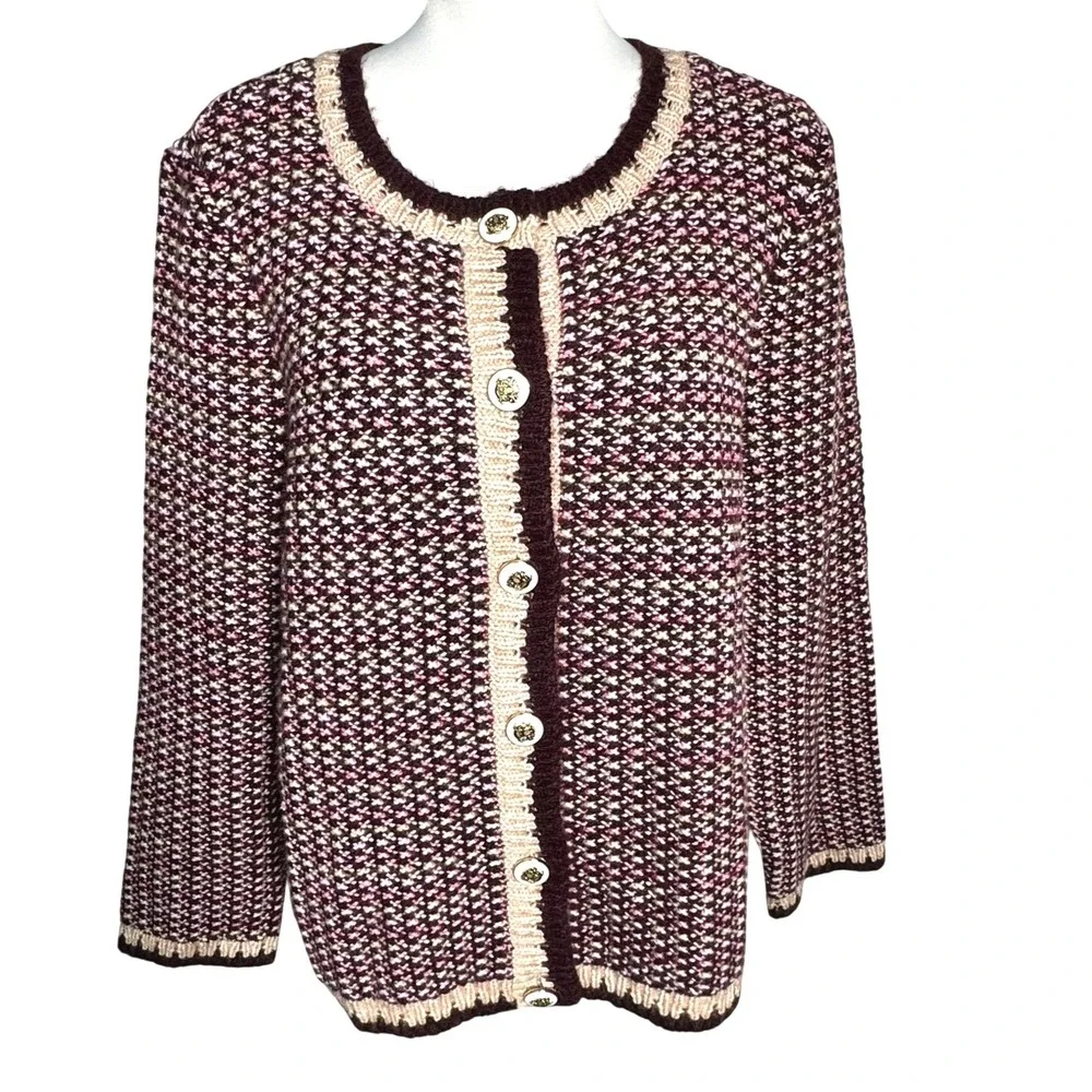 TALBOTS Women's 1X Purple Pink Tweed Crewneck Cardigan Sweater Knit Button Front